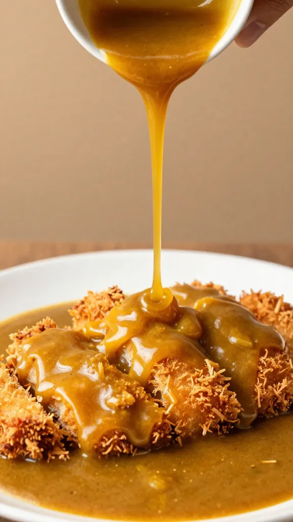 golden Japanese curry sauce poured over crisp katsu