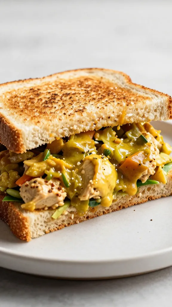 single chicken curry salad sandwich on toasted sourdough