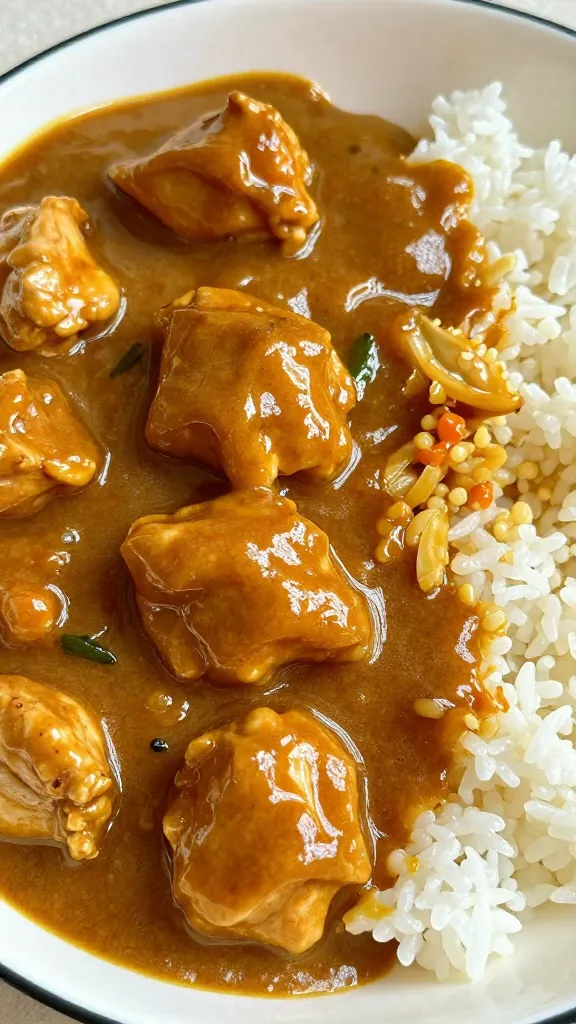 closeup bowl of glossy Chinese chicken curry over rice