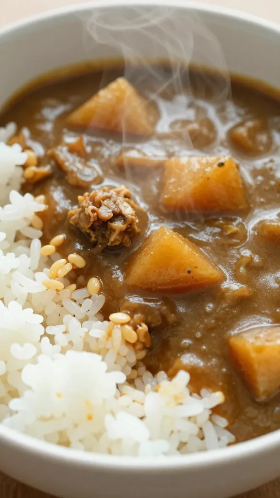 closeup bowl of Japanese curry with rice, steam rising