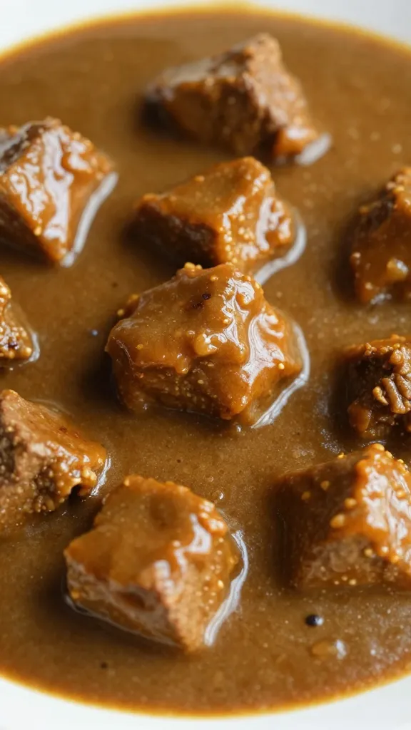 closeup beef chunk in velvety Japanese curry sauce