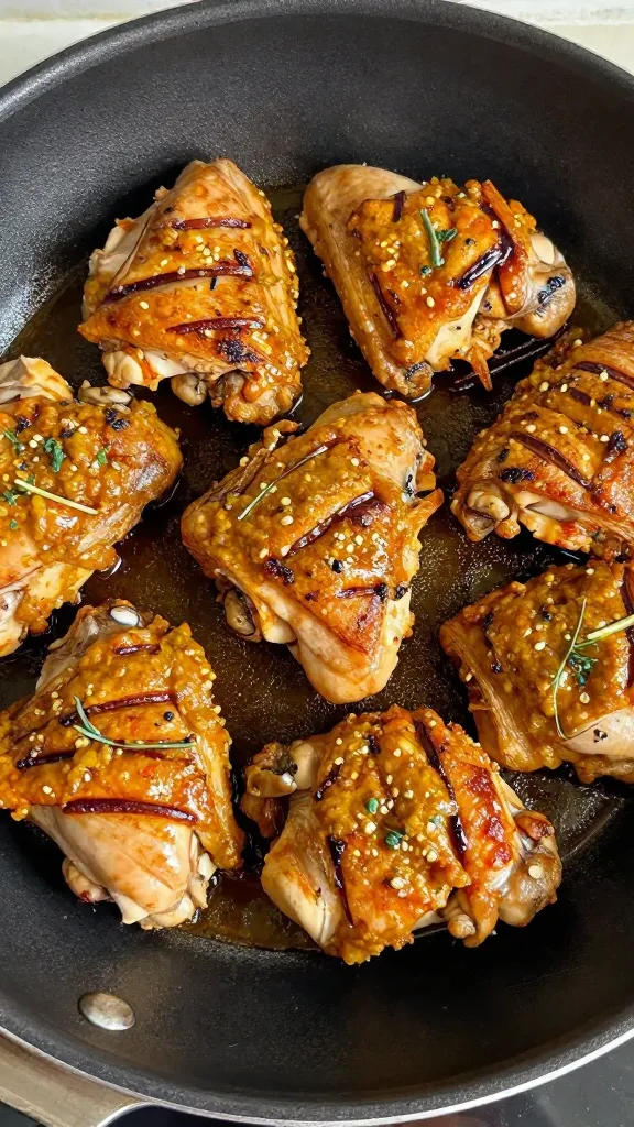 seared chicken thigh chunks in skillet with curry paste