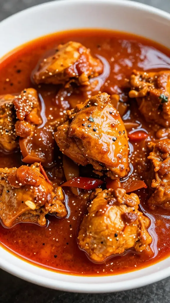 Closeup bowl of spicy Indian chicken curry with red oil