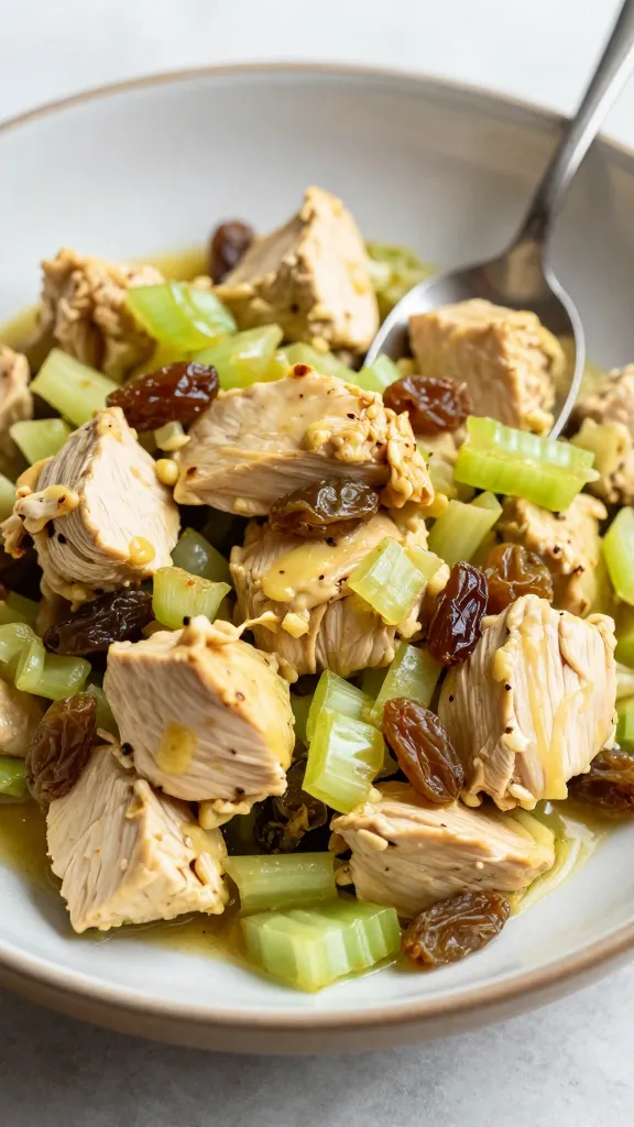 spoonful of chicken curry salad with raisins and celery