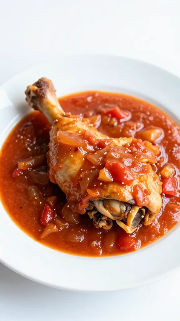 Single bone-in chicken thigh in thick tomato-onion gravy