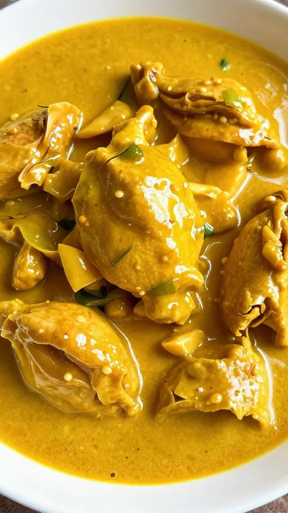 closeup bowl of chicken panang curry with glossy coconut sauce