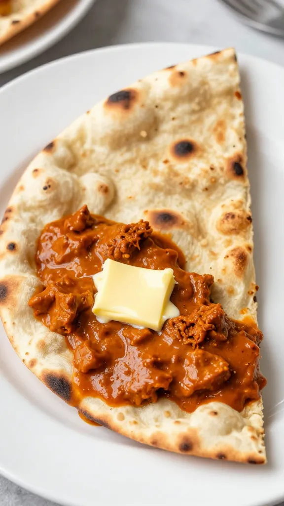 Single naan wedge dipped in butter chicken sauce