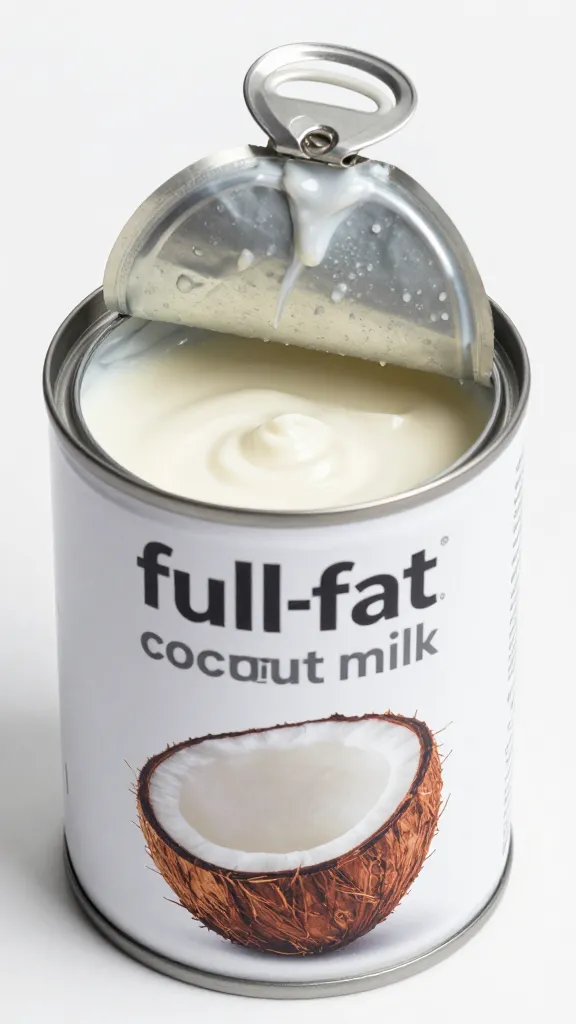 open can of full-fat coconut milk, thick cream visible