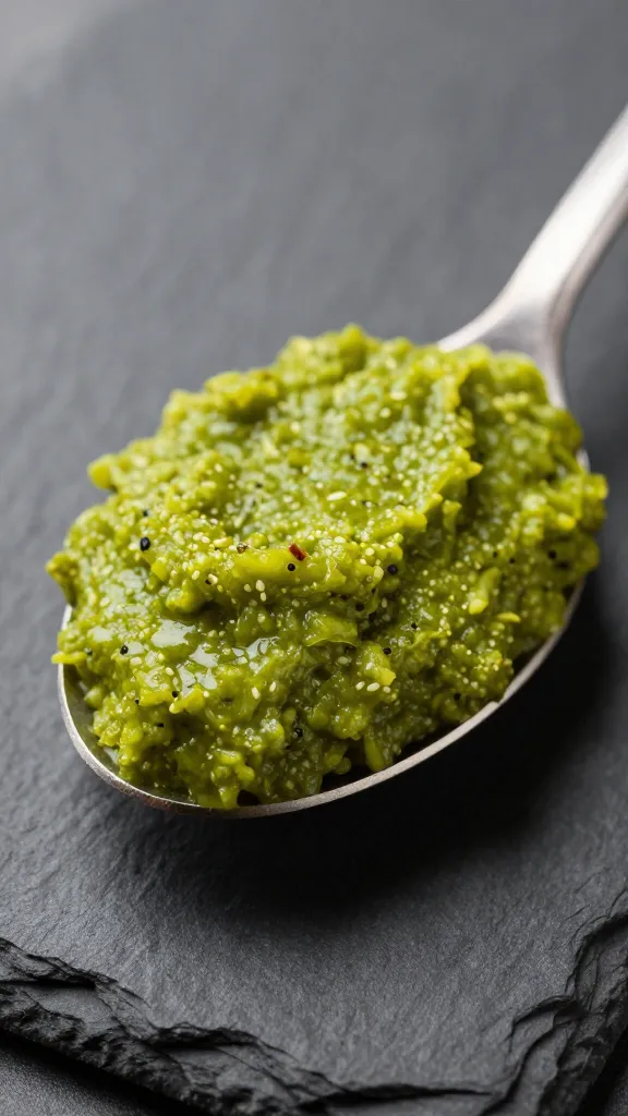 closeup of green curry paste spoonful on dark slate