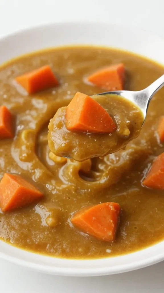 spoonful of silky Japanese curry with visible carrot cubes
