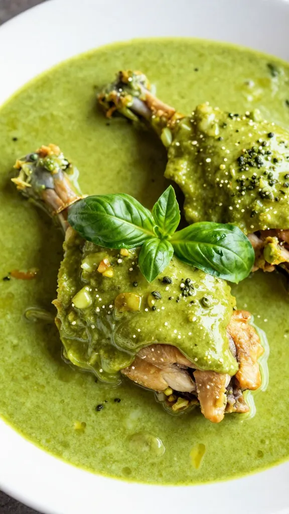 basil-topped chicken thigh in vibrant green curry sauce