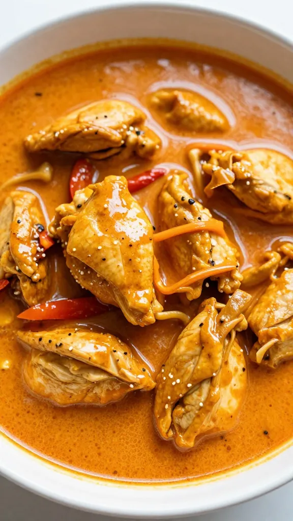 closeup bowl of Thai red curry chicken with coconut sauce