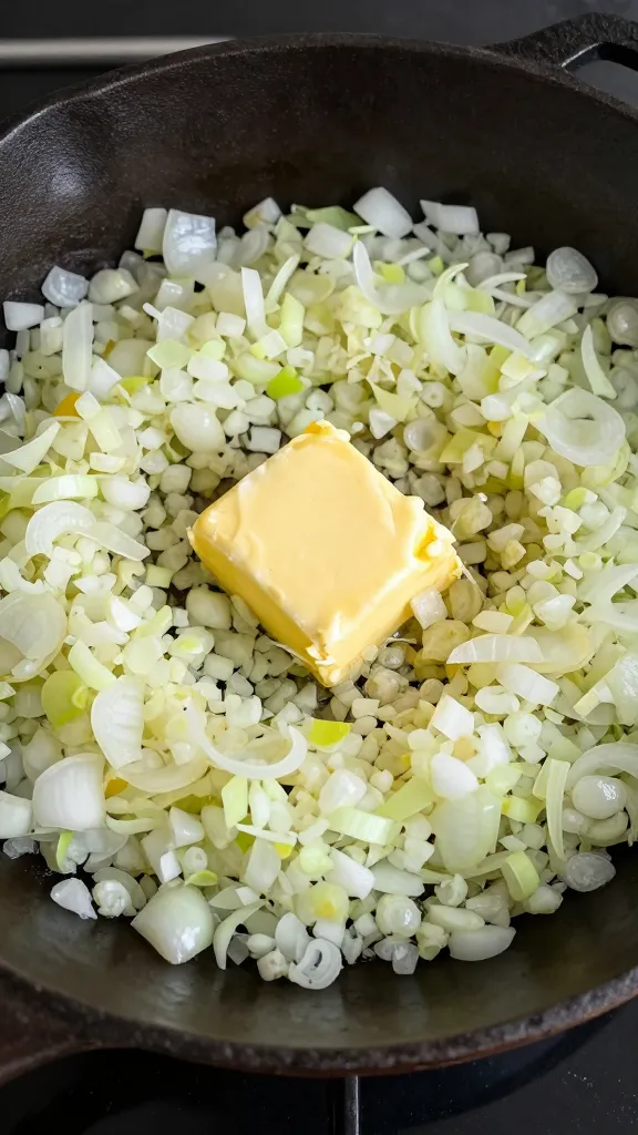 minced onion sautéing in vegan butter in cast-iron skillet