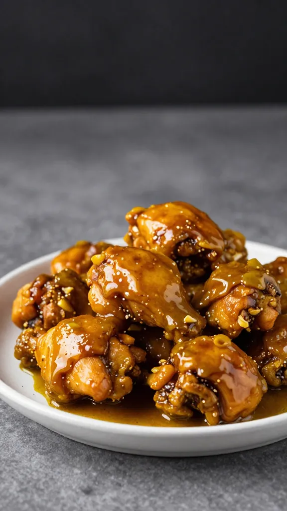 bite-sized chicken thigh piece glazed with curry, studio light