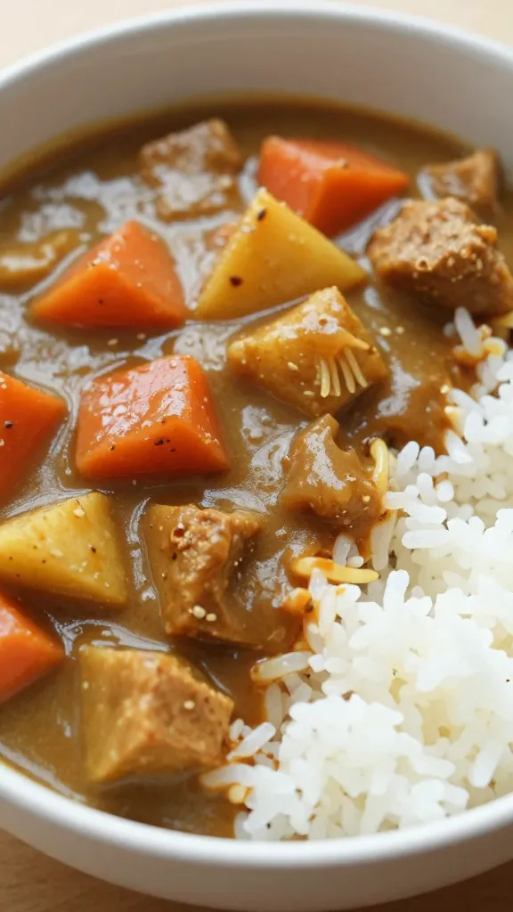 closeup bowl of vegetarian Japanese curry over steamed rice