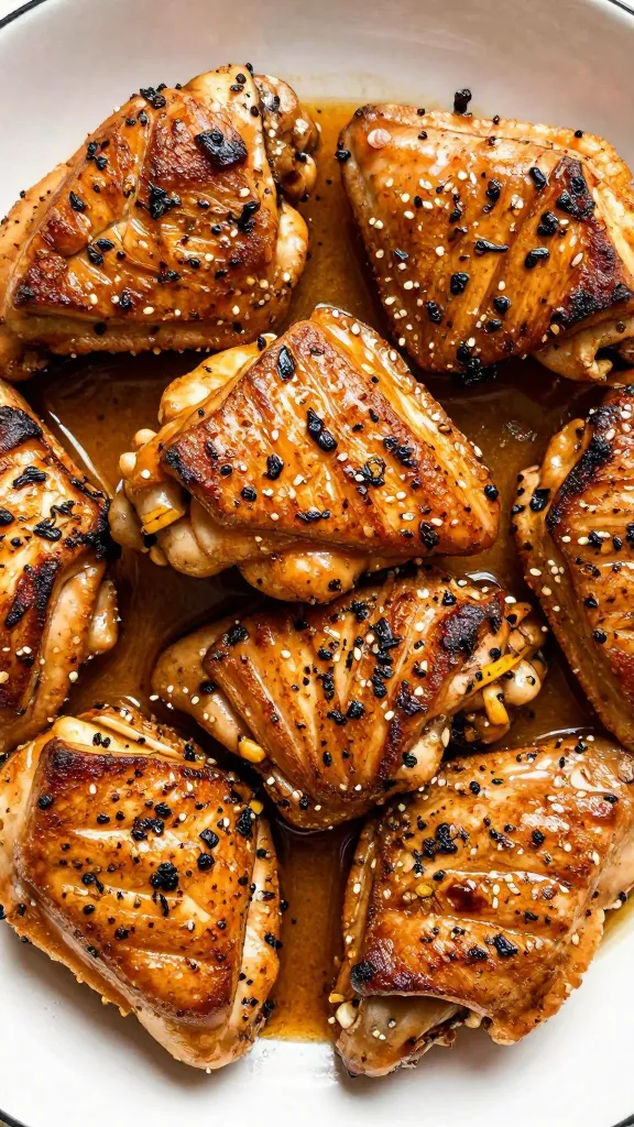 Seared chicken thigh pieces in spiced marinade, overhead
