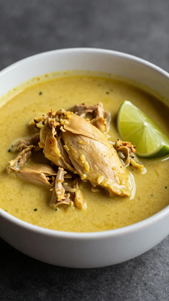 single ceramic bowl of chicken curry soup with lime wedge