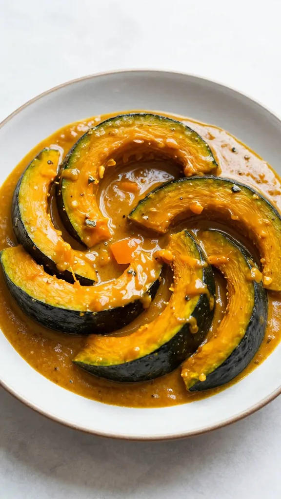 sliced kabocha pumpkin in curry sauce on ceramic plate