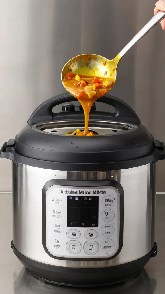 single Instant Pot with curry-splattered ladle, stainless background