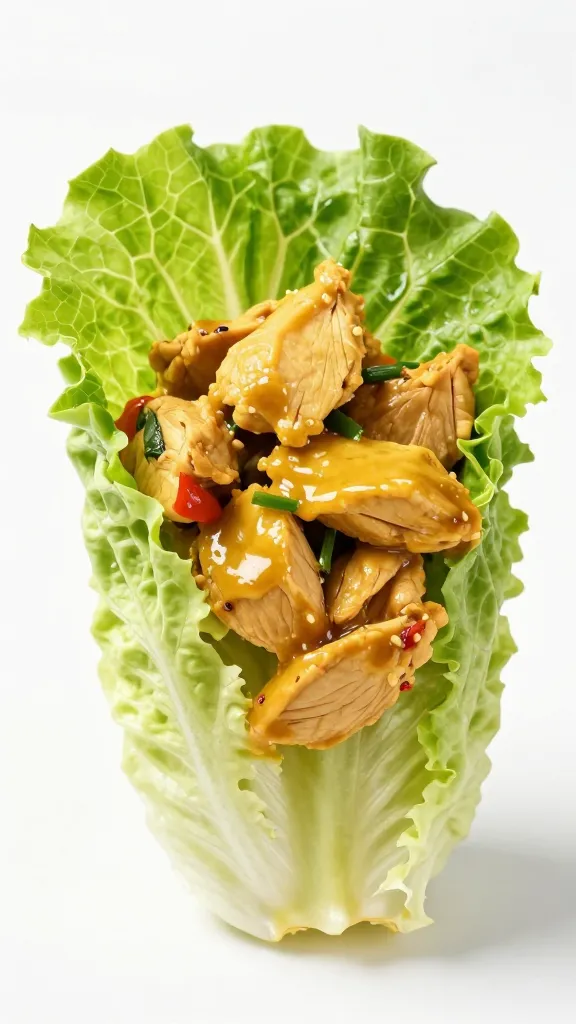 single lettuce cup filled with chicken curry salad