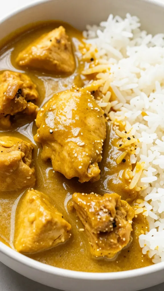 closeup bowl of golden chicken curry with steamed rice