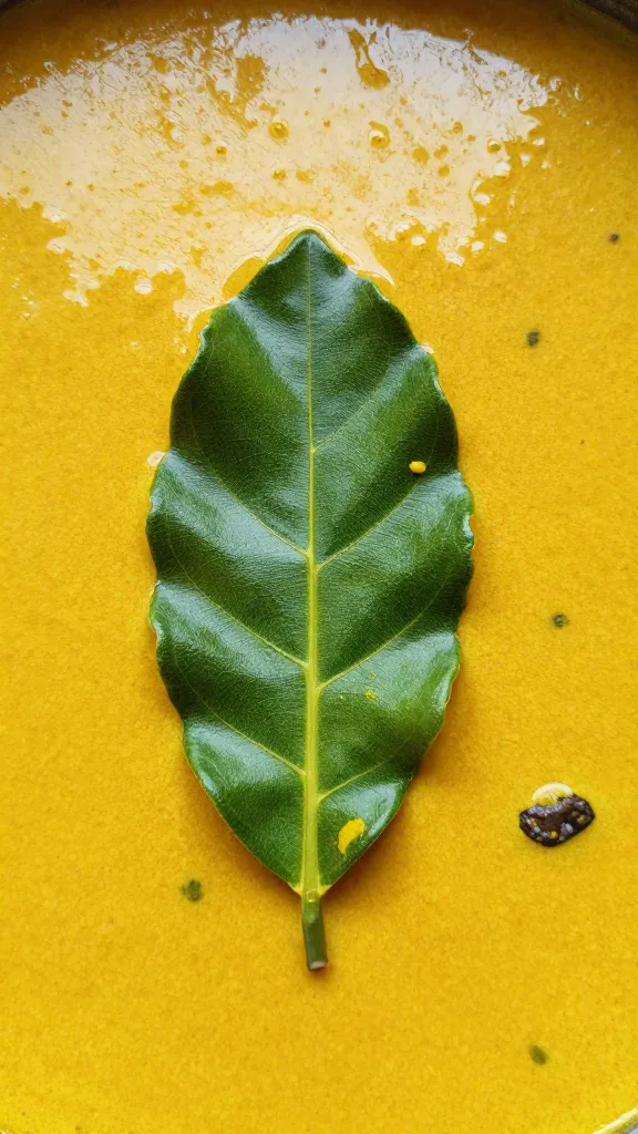 single kaffir lime leaf on panang curry surface