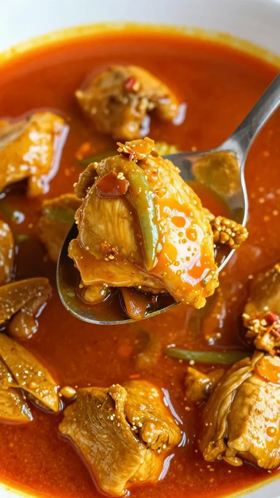spoonful of panang curry showing tender chicken and red oil