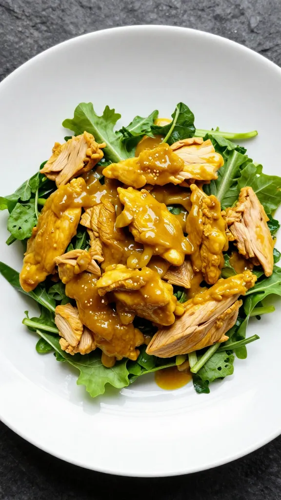 overhead white plate of curry chicken salad on greens