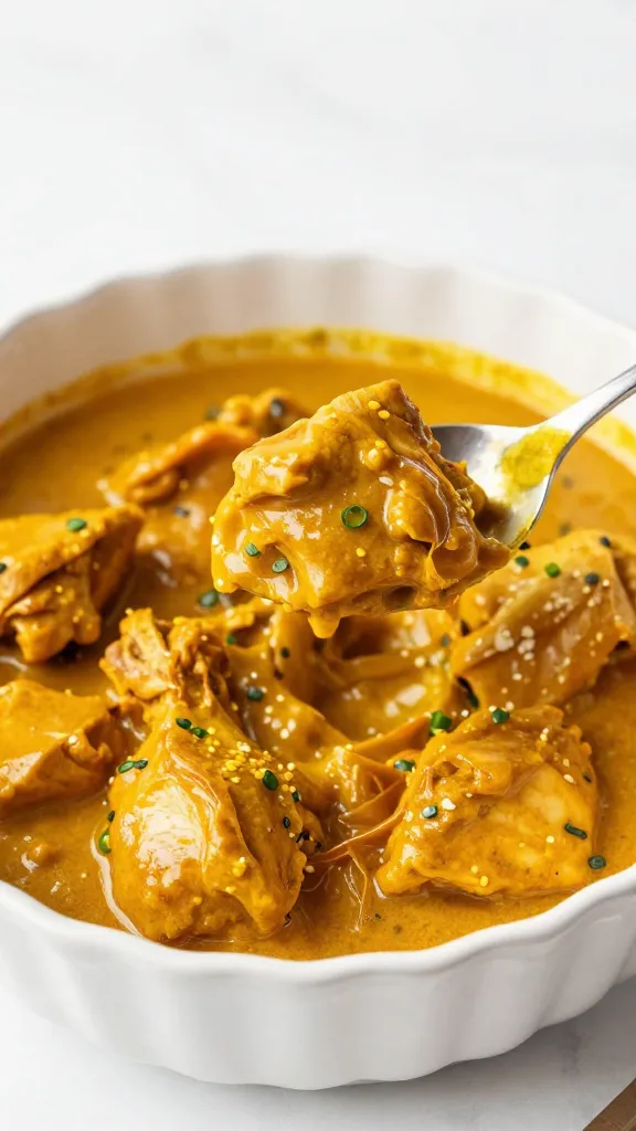 spoonful of curry chicken divan lifted from casserole pan