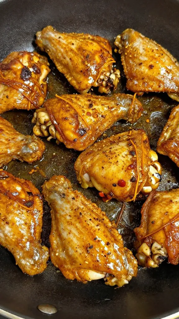 sizzling chicken thigh cubes coated in curry spices, skillet closeup