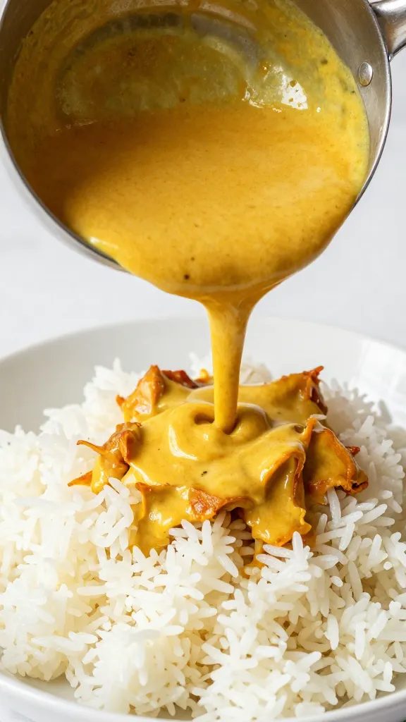 ladle pouring creamy panang curry over jasmine rice