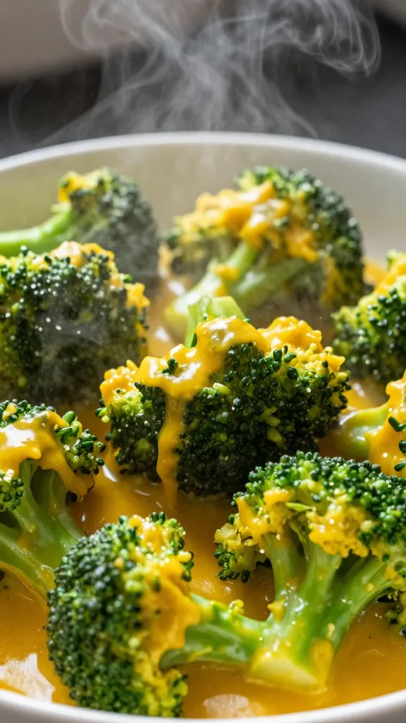 steaming broccoli florets coated in curry-cheese sauce