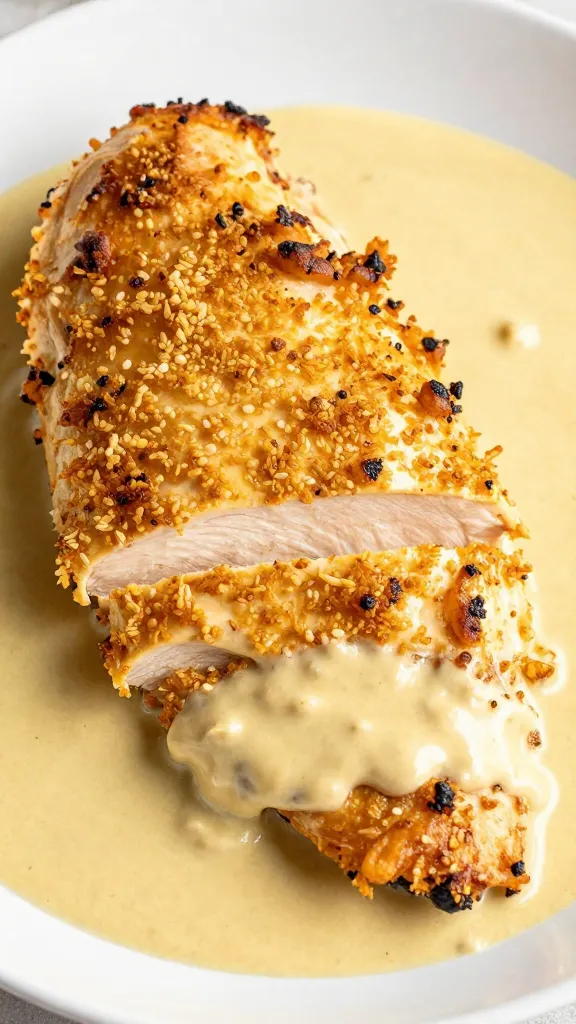 golden breadcrumb-topped chicken divan slice, creamy curry sauce
