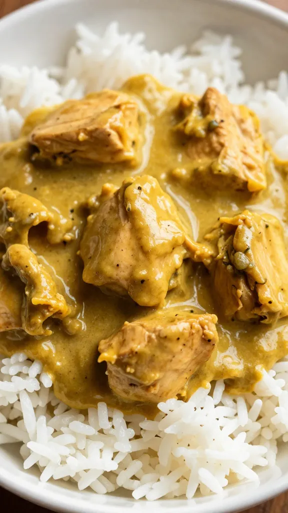 closeup bowl of creamy chicken curry over basmati rice