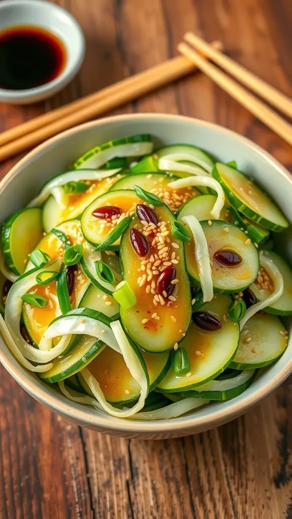 A refreshing Asian cucumber salad with sliced cucumbers, sesame seeds, and green onions in a bowl on a wooden table.