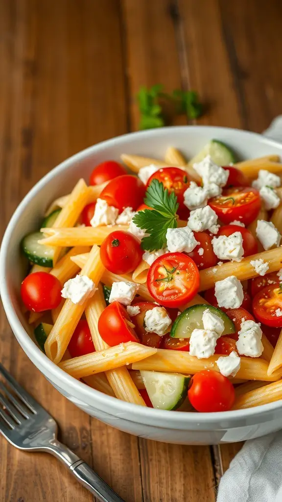 A vibrant Mediterranean pasta cold salad with tomatoes, cucumbers, olives, and feta cheese in a bowl.