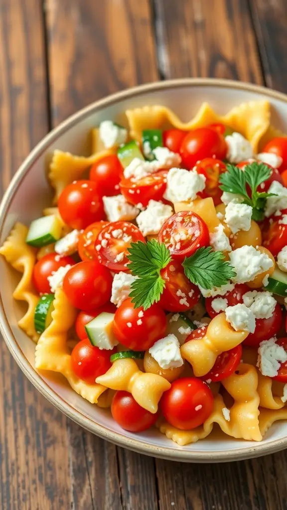Mediterranean Bowtie Pasta Salad Recipe A colorful Mediterranean bowtie pasta salad with tomatoes, cucumbers, olives, and feta cheese in a bowl on a wooden table.