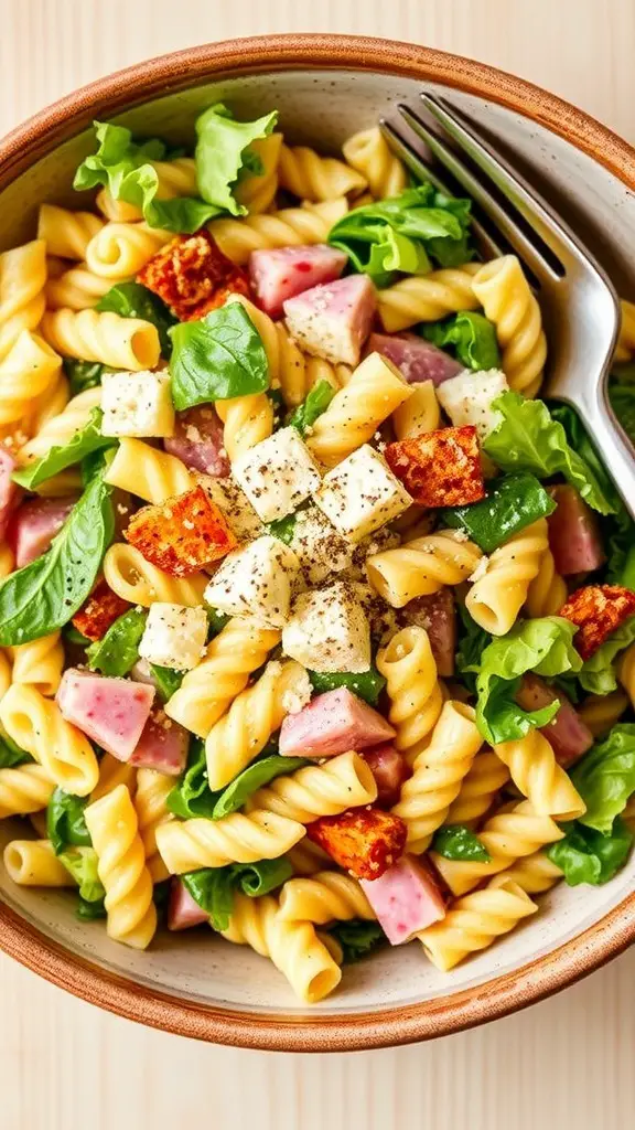 A bowl of Caesar pasta salad with rotini, romaine, croutons, and Parmesan cheese on a wooden table.
