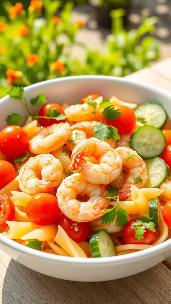 A colorful shrimp pasta salad with tomatoes, cucumber, and shrimp in a bowl, garnished with parsley.