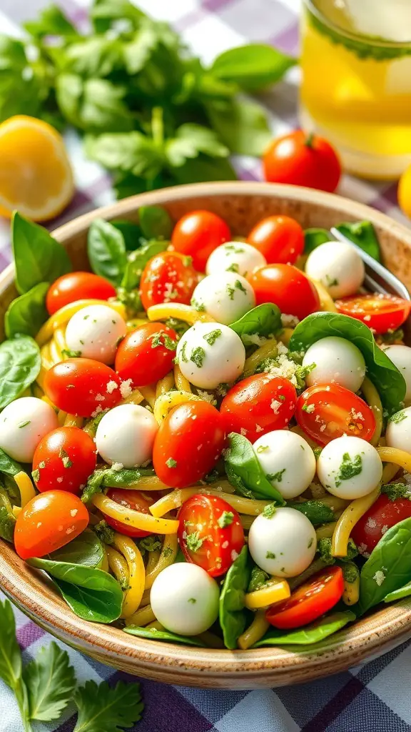 A colorful pesto pasta salad with cherry tomatoes, spinach, and mozzarella in a rustic bowl, garnished with Parmesan cheese.