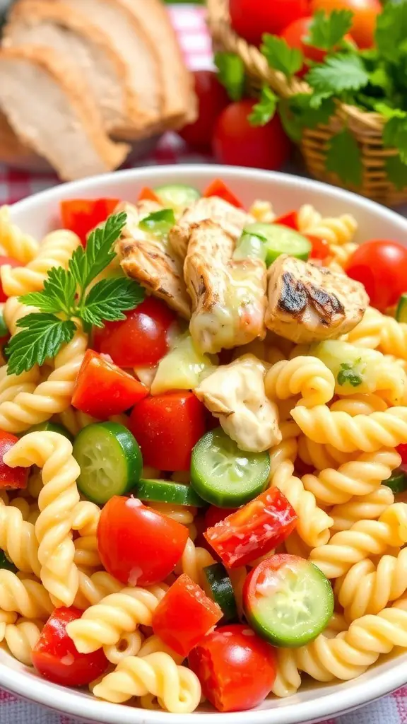 A colorful chicken pasta salad with grilled chicken, tomatoes, cucumbers, and pasta in a bowl, ready for serving.