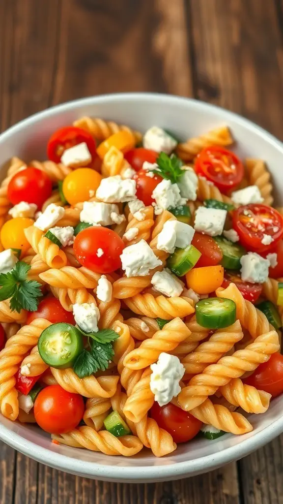 A colorful high-protein pasta salad with cherry tomatoes, cucumbers, and feta cheese in a bowl.