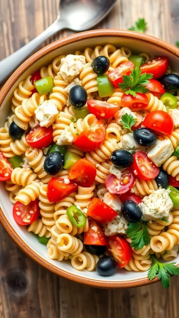 A colorful chicken pasta salad with pasta, chicken, tomatoes, and bell peppers in a bowl.