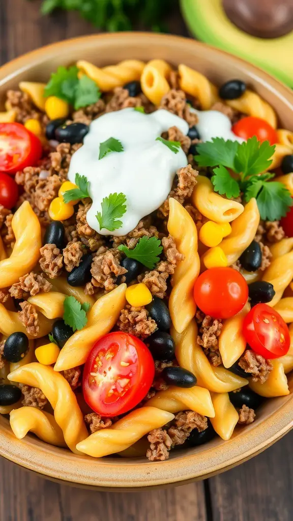 A colorful taco pasta salad with rotini, ground beef, black beans, corn, tomatoes, and cheese, garnished with cilantro.