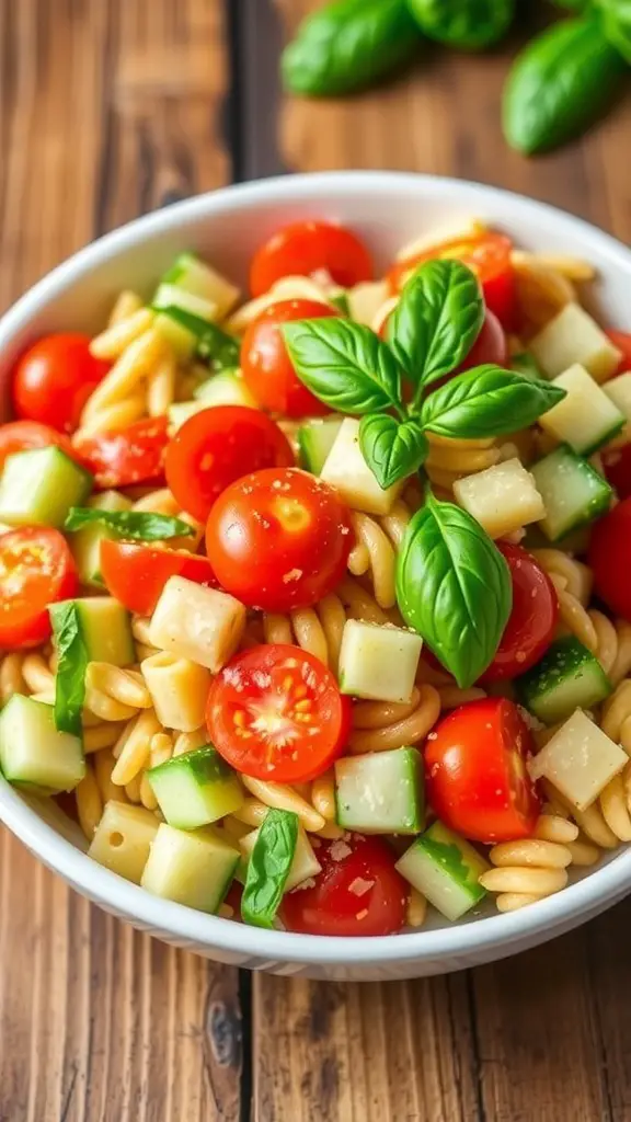 A vibrant gluten-free pasta salad with cherry tomatoes, cucumbers, and bell peppers in a bowl on a rustic table.