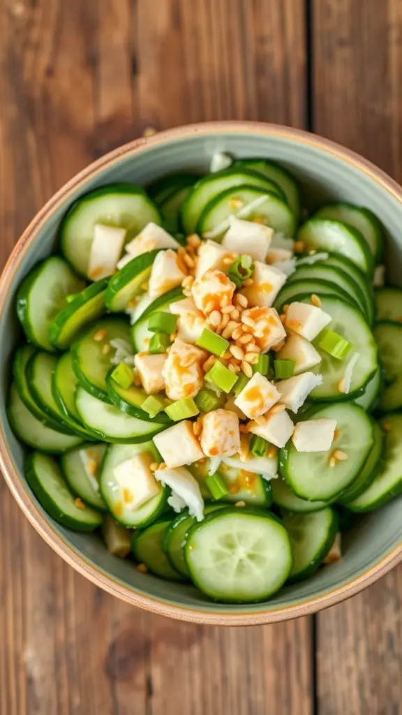 A colorful California roll cucumber salad with cucumbers, avocado, imitation crab, and sesame seeds in a bowl on a wooden table.