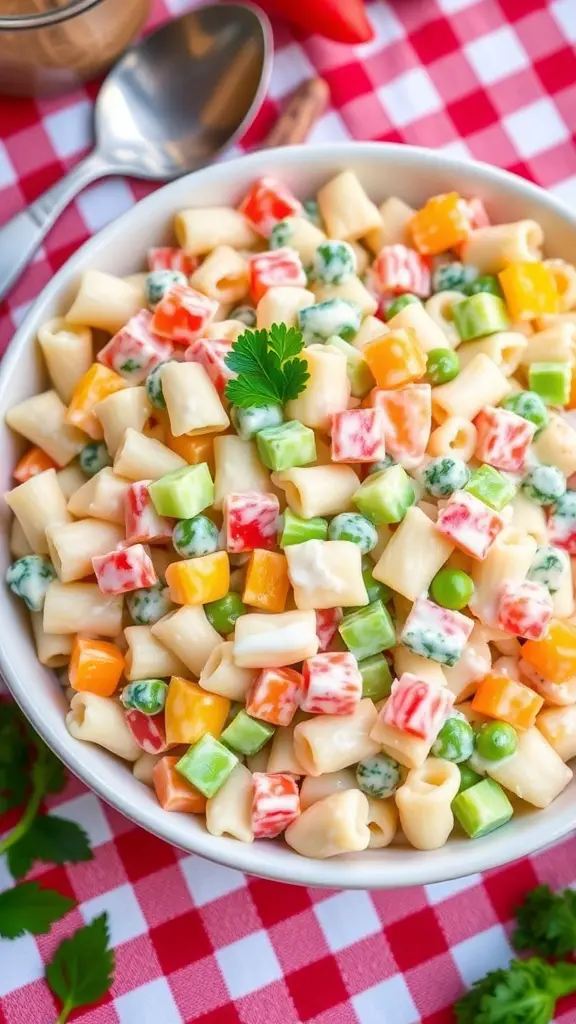 A colorful creamy pasta salad with bell peppers, cucumbers, and peas in a bowl, garnished with parsley.
