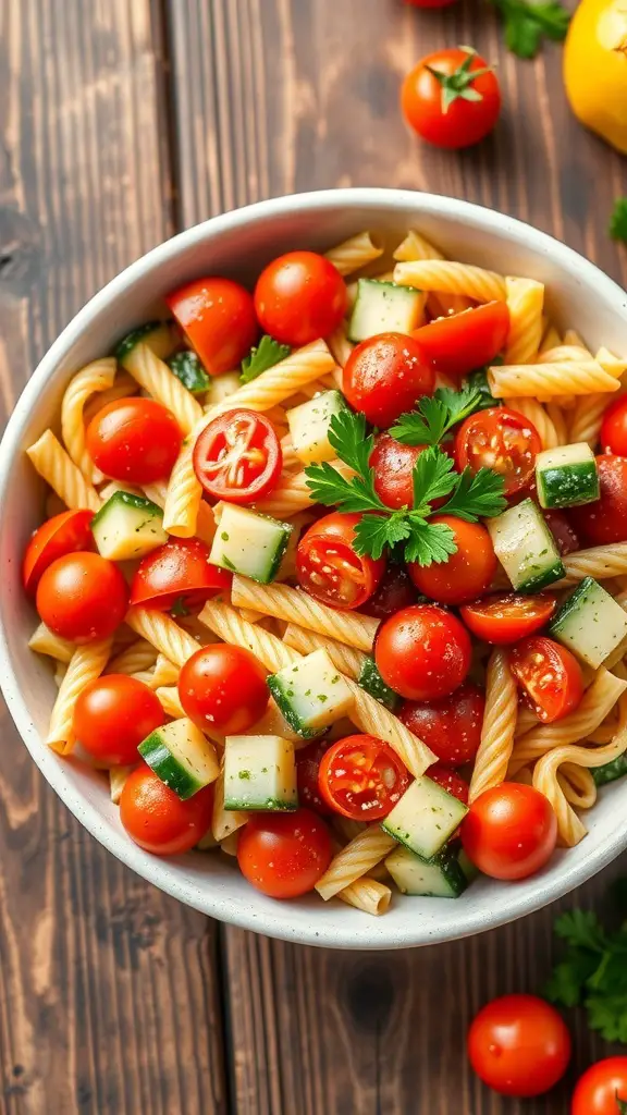 A colorful Mediterranean vegan pasta salad with cherry tomatoes, cucumbers, bell peppers, and olives in a bowl.