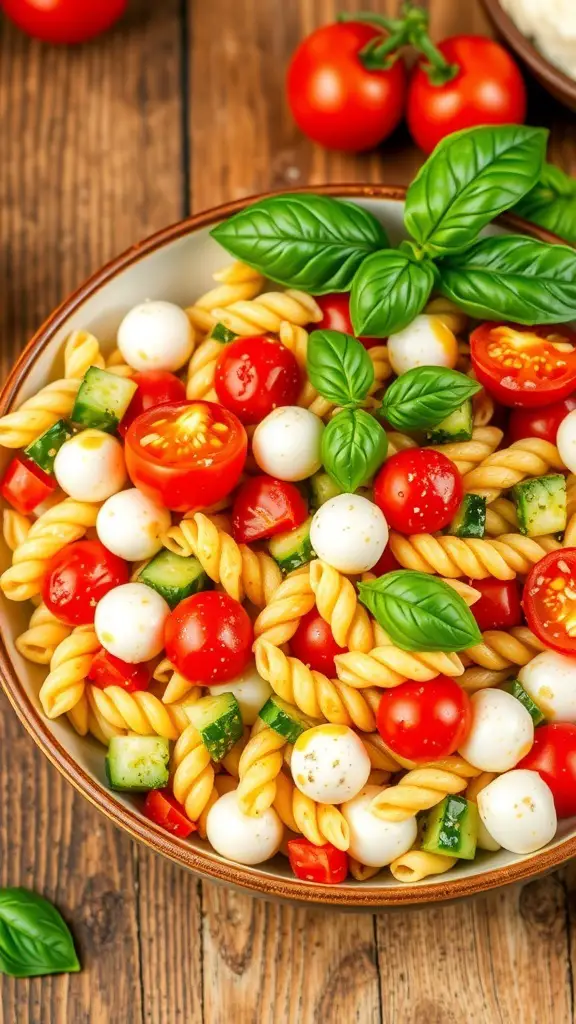 A colorful Italian pasta salad with rotini, cherry tomatoes, cucumbers, and mozzarella cheese on a wooden table.