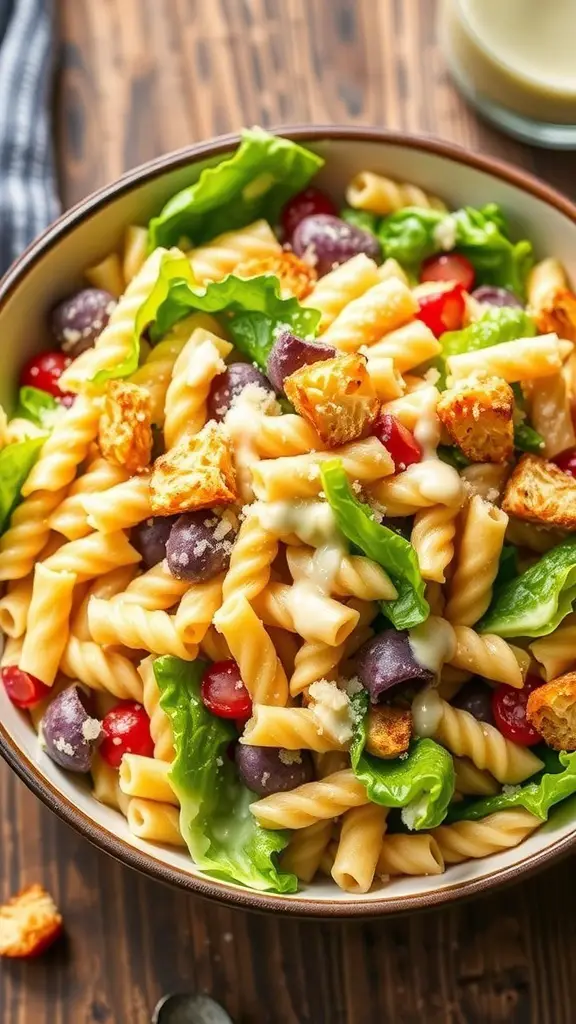 A bowl of Caesar pasta salad with rotini, romaine, parmesan cheese, and croutons on a rustic table.